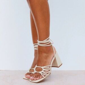 PLT Square Toe Knot Lace Up Mid Block Heeled Sandals